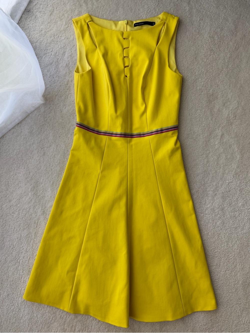 Karen Millen Yellow Cut Out Midi Dress with Contrasting Stripe Waist